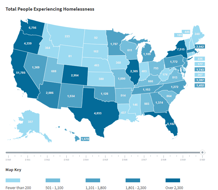 Map illustrating how many homeless in each state